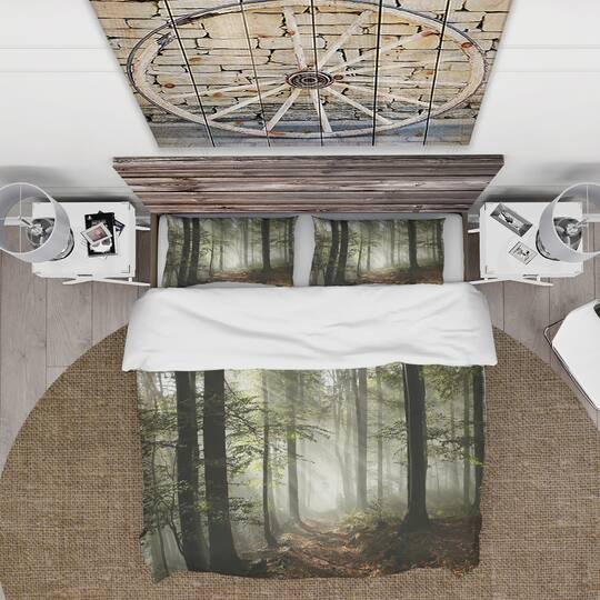 Designart 'Light in Dense Fall Forest with Fog' Traditional Bedding Set